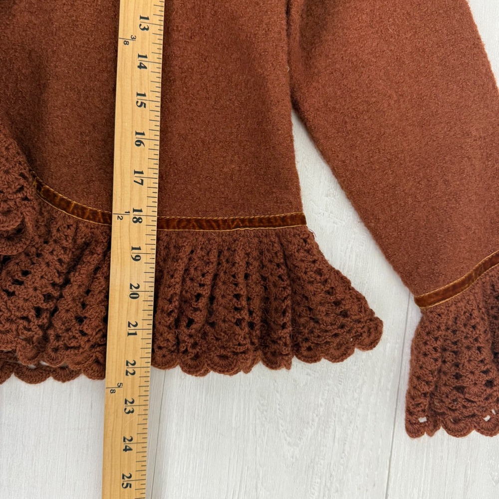 Vtg Lisa International Boiled Wool Blazer Jacket‎ M Crochet Ruffle V-Neck Brown - Picture 15 of 16